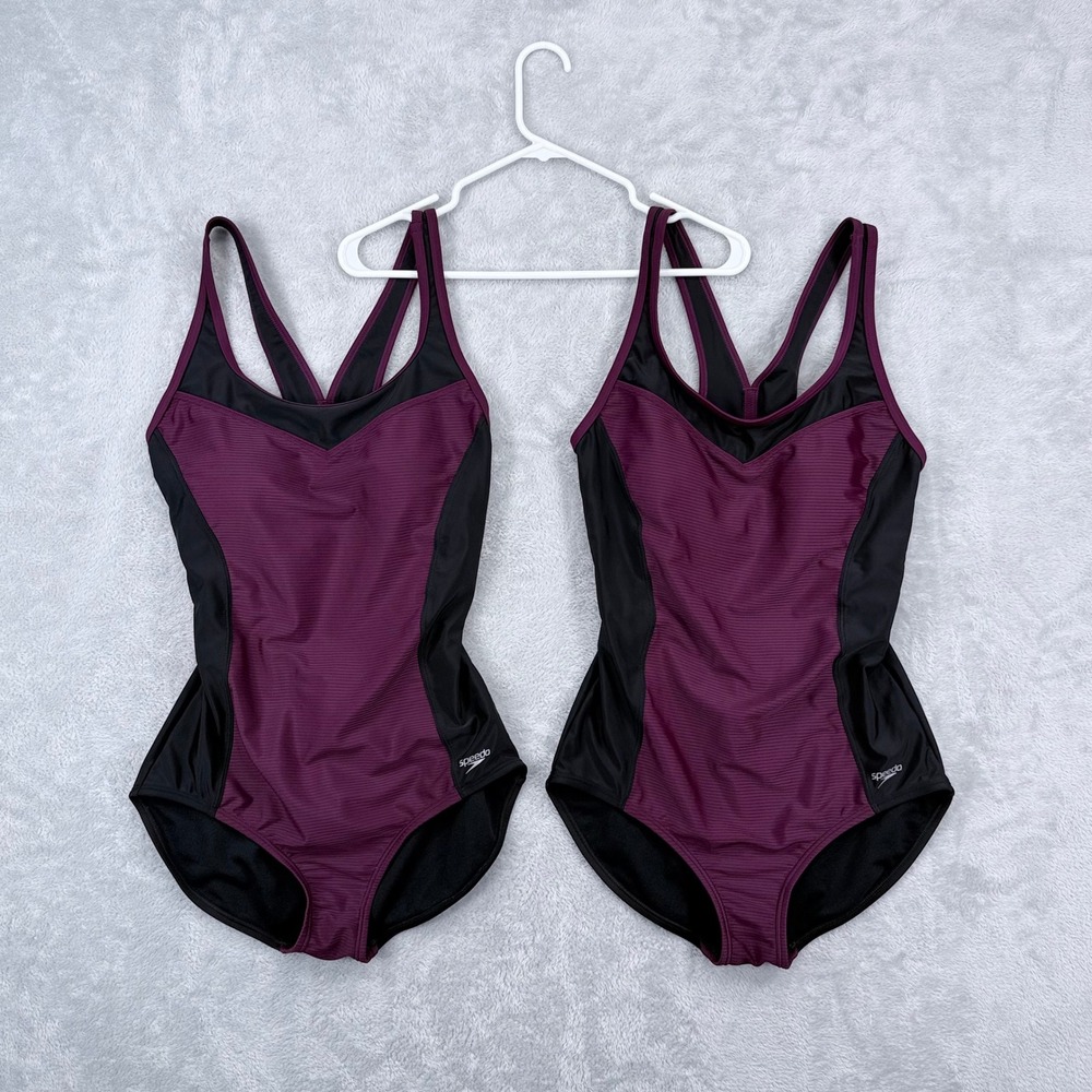 Speedo One Piece Swimsuit Lot 2 Women Large Potent Purple Black Racerback Padded